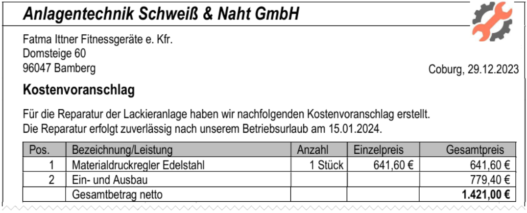 Kostenvoranschlag mit Tabelle, Positionen, Stückzahl und Einzel- sowie Gesamtpreisen, Gesamtsumme 1.421,00 €